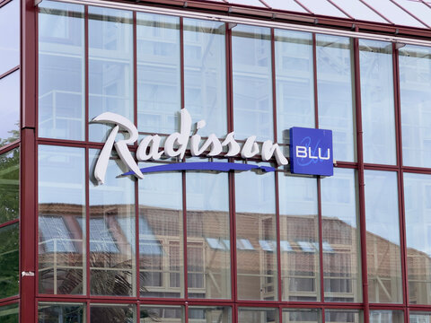 Trondheim, Norway - Aug 9, 2024. Radisson Blu Hotel sign. Radisson Blu is an international chain of hotels operated by Radisson Hotels.