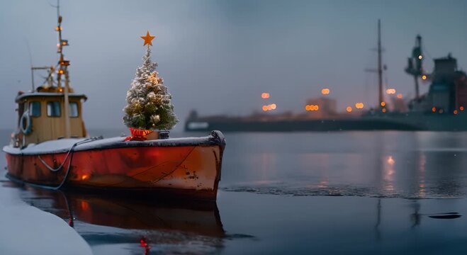 Small, snow-covered Christmas tree sits atop an orange boat on ancor in harbor, with large ships in the foggy background.