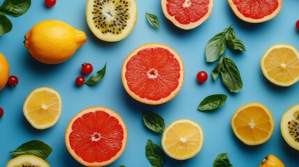 Fresh sliced citrus fruits and vegetables making colorful pattern on blue background