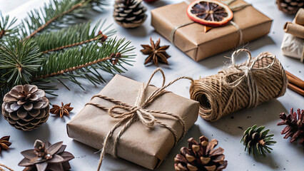 Wrapped gifts are surrounded by pine branches, spices, and pine cones, creating a festive atmosphere perfect for the holiday season