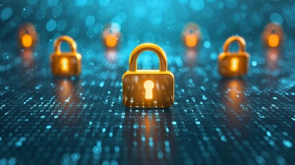 Golden padlocks on a secure digital network