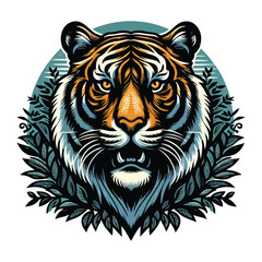 Fierce Tiger Head with Jungle Leaves, Colorful Animal Illustration, Detailed Wildlife Artwork Design