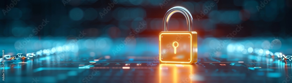 Poster cybersecurity padlock on digital blockchain network