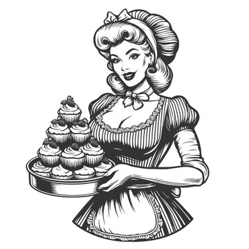 recommend clip art: smiling woman in an apron and chef hat with tray of cupcakes, retro baking theme sketch engraving generative ai fictional character vector illustration. Scratch board imitation. Black and white image.