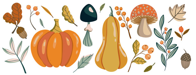 Vector flat autumn harvest themed illustration with pumpkins, squash, mushrooms, acorns, leaves, and berries, showcasing colors and elements of fall season. Thanksgiving and Harvest Day set.