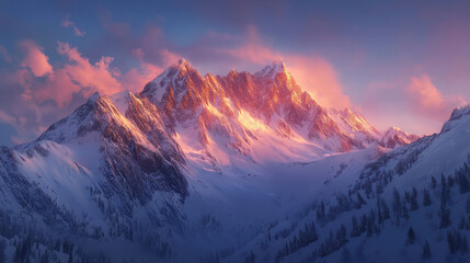 Obraz premium Majestic mountain range covered in snow, with the sun setting and casting a warm glow over the peaks.