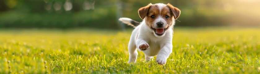 Puppy joyfully running on grass in park
