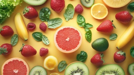 Colorful assortment of fresh fruits and vegetables lying on yellow background