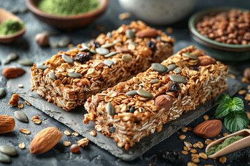 Homemade granola bars with oats, nuts, seeds, and dried fruits for a healthy and energizing snack.
