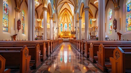 Fototapeta premium A serene interior of a church showcasing stained glass and wooden pews.