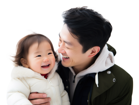 Asian father holding his baby girl in his arms and smiling together