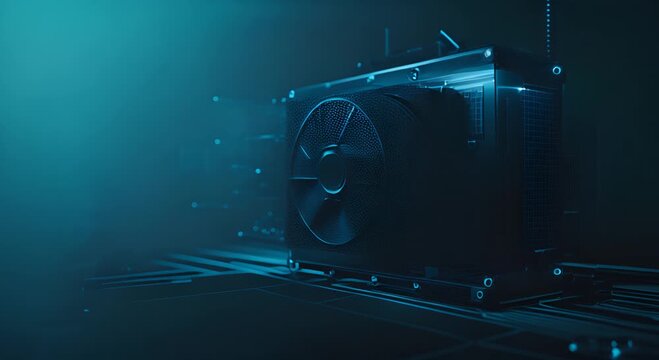 Sudden blackout occurs, plunging the scene into darkness, interrupting the heat pump that symbolizes energy efficiency and modern HVAC systems,
