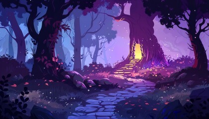 Obraz premium Halloween mystic forest. Enchanting twilight forest. Forest of witches. Cartoon fantasy game illustration background.