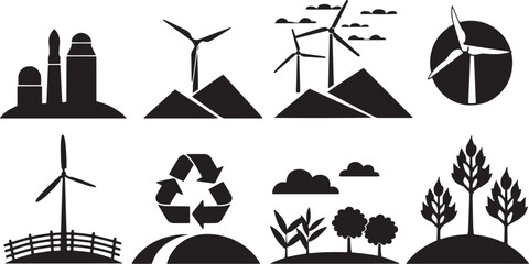 A straightforward vector icon set with a climate action, sustainable agriculture, conservation efforts, and clean air .icons in black and white style with isolated on white