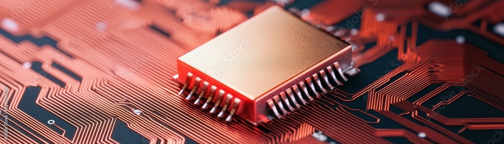 Poster modern microchip on a red circuit board, showcasing technology and innovation in electronics.