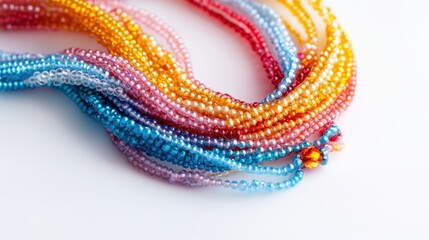 Colorful beads necklace on white background forming a wavy pattern
