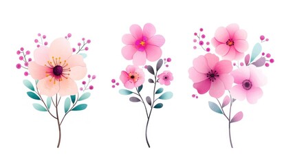 Naklejka premium Botanical cartoon flowers, pastel colors, top view, flat design illustration