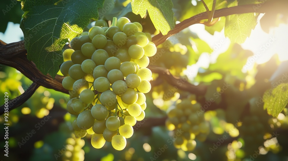 Poster sunlight filters through lush vines, illuminating clusters of green grapes ready for harvest in a se