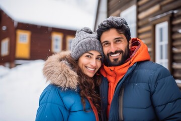 Happy Latin couple during winter trip in cozy cabins in the mountains