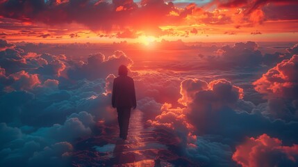 Obraz premium Person walking up stairway to heaven through clouds in the sky after death.