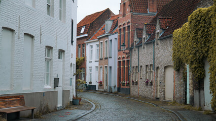 Narrow cobblestone street lined with quaint, old brick houses, red-tiled roofs, and climbing ivy. A peaceful, deserted European alley.