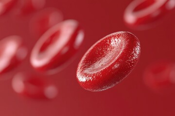 Red blood cells flowing through bloodstream on red background