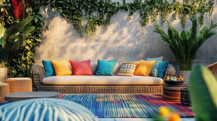Comfortable sofa standing on a terrace with colorful pillows and plants creating a relaxing atmosphere