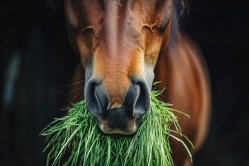 Fototapeta premium Beautiful bay horse eating grass in a field