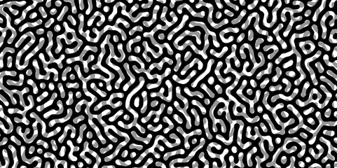Abstract Turing organic wallpaper with background. Turing reaction diffusion monochrome seamless pattern with chaotic motion. Natural seamless line pattern. Linear design with biological shapes.