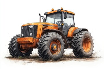 Obraz premium Powerful red tractor standing on muddy ground after rain