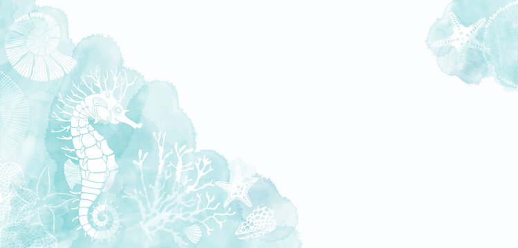 Sea. Pre-made design with seahorse, shells, starfish, corals, sea creatures, watercolor splash and place for text. Layout decorative greeting card or invitation design background. 