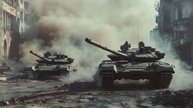 Intense Street Battle: Two T72 Tanks in Smoke Among Destroyed Buildings - 3D Illustration HD Photo