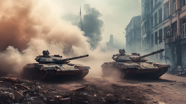 Intense Street Battle Scene: 3D Illustration of T72 Tanks Amid Smoke and Destruction in Urban Combat