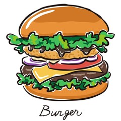 ボリュームのあるバーガーのイラスト