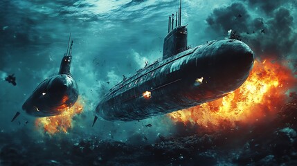 Intense 3D Illustration of Submarine Combat in Ocean Depths - Military Naval Warfare Scene with Explosions and Ruins