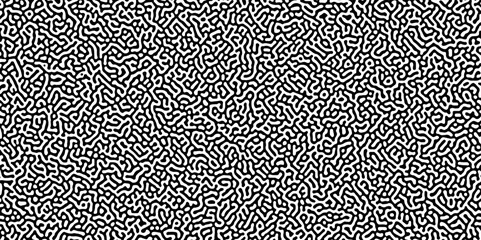 Abstract Turing organic wallpaper with background. Turing reaction diffusion monochrome seamless pattern with chaotic motion. Natural seamless line pattern. Linear design with biological shapes.