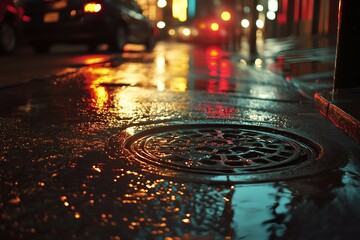 Obraz premium Urban Night Street with Reflections on Wet Pavement and Manhole Cover