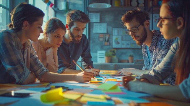 A team gathers around a table, engaged in an intense brainstorming session filled with colorful notes and ideas