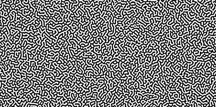 Abstract Turing organic wallpaper with background. Turing reaction diffusion monochrome seamless pattern with chaotic motion. Natural seamless line pattern. Linear design with biological shapes.