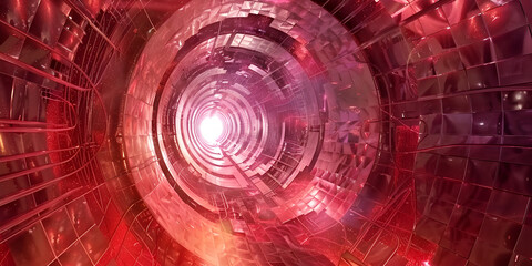 Fototapeta premium Red glowing tunnel in a futuristic design illustrating a high-energy particle accelerator or scientific experiment in a cutting-edge facility