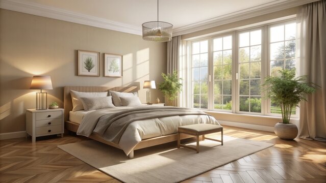 Serene, uncluttered bedroom with a vacant, made bed, soft beige walls, and a large window allowing natural light to flood the peaceful, quiet atmosphere.