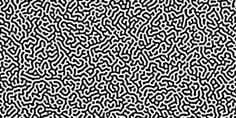 Abstract Turing organic wallpaper with background. Turing reaction diffusion monochrome seamless pattern with chaotic motion. Natural seamless line pattern. Linear design with biological shapes.