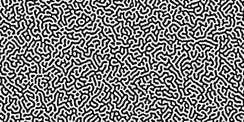 Abstract Turing organic wallpaper with background. Turing reaction diffusion monochrome seamless pattern with chaotic motion. Natural seamless line pattern. Linear design with biological shapes.