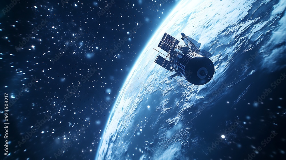 Poster earth-orbiting satellite in realistic style with detailed metallic surface and blue tones, high reso