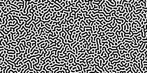 Abstract Turing organic wallpaper with background. Turing reaction diffusion monochrome seamless pattern with chaotic motion. Natural seamless line pattern. Linear design with biological shapes.