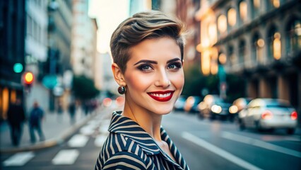 Fototapeta premium Smiling young woman with short, stylish hair and vibrant makeup poses confidently against a bright city street backdrop, exuding urban chic and modern sophistication.