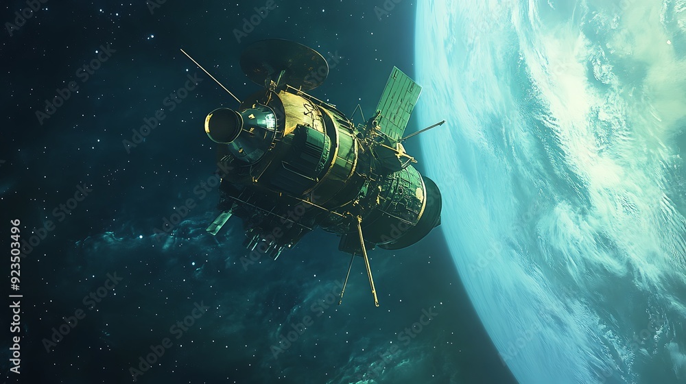 Poster exploring the unknown: space probe approaching distant planet with earth in background