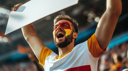 A devoted fan in team colors cheers loudly, holding a vibrant sign and immersed in game excitement.
