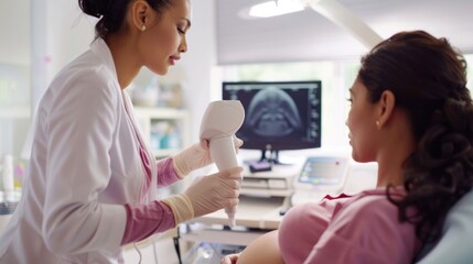 Obstetrician Conducting Prenatal Ultrasound Scan on Expectant Mother in Clinic