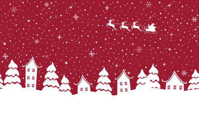 Winter Seamless Border. Christmas Village. White Houses Silhouettes, Fir Trees. Snowfall. Snowflakes. Santa Claus Rides in Sleigh with Reindeer Across the Sky. Vector Illustration on Red Background